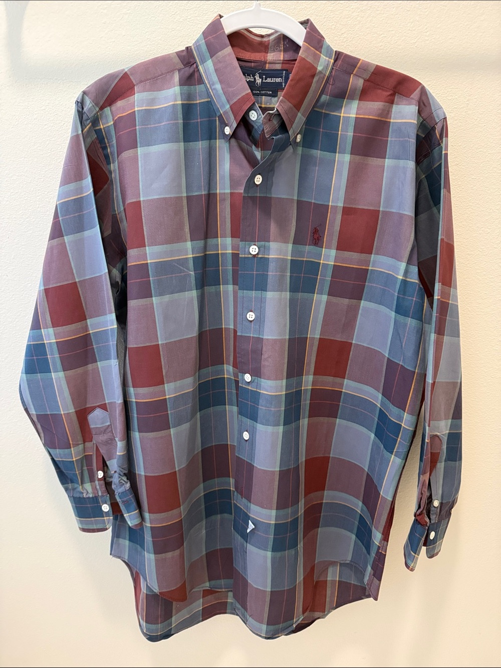 Ralph Lauren Men’s 100% Cotton Button-Down Plaid Shirt Burgundy & Blue 15 1/2 33
